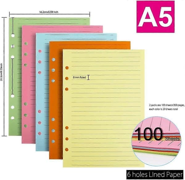 2-pakning A5 Farget Linjert Papir, A5 Refillpapir 6 Hull 100 Ark Refillable[PL]