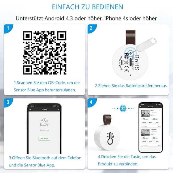 Bluetooth termometer og hygrometer med datalagring / Trådløst termometer og hygrometer med app og datavisning 1-st