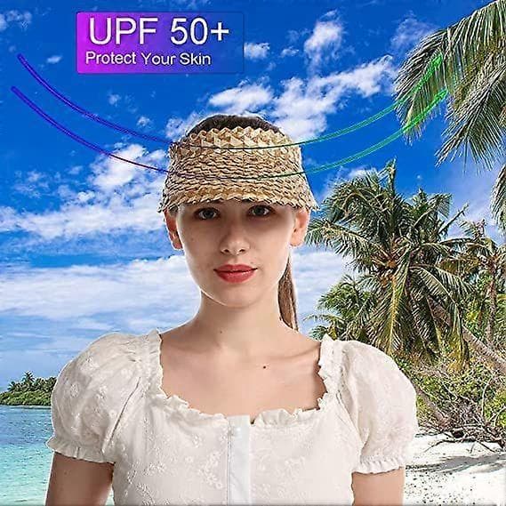 Dww Kvinders Stråsolhat med UV-beskyttelse, Foldbar Stråhat, Kvinders Solhat, Hestehale Top, UPF 50+ Hat