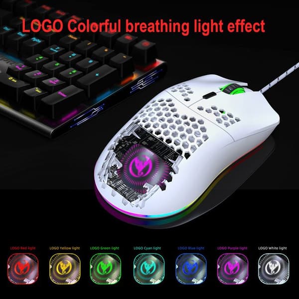 J900-6400 DPI Gamingmus, Hvit, Perforert Design, RGB Bakgrunnsbelysning, Makroprogrammering, 6 Knapper med Indikatorlys