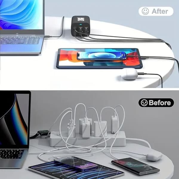 200W 6-ports hurtig USB-C oplader - GaN strømadapter til iPhone 14/13/12, Galaxy S23/S22/S21, sort