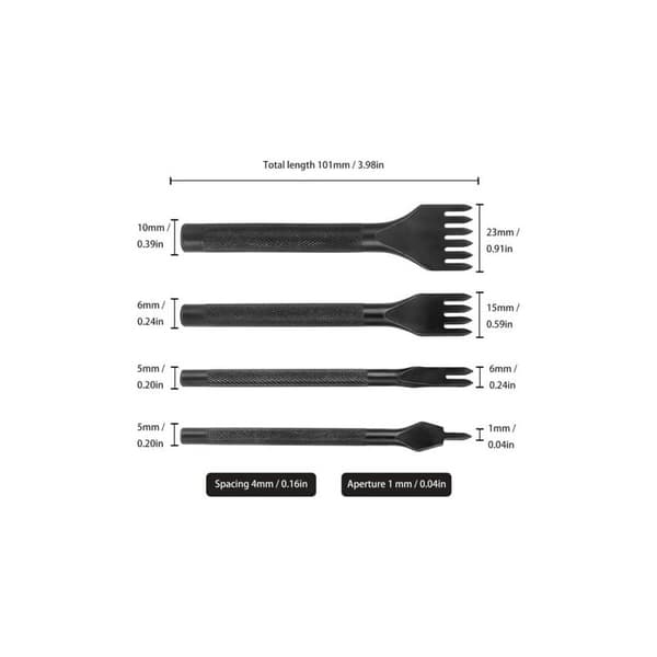 4-delad verktygssats: 4 mm DIY läderhålstansset, stålhantverkssnörningssax (1/2/4/6 tänder)