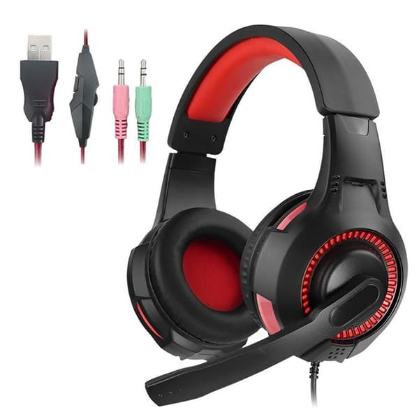 Sort og rødt stereo surround sound headset med 3,5 mm kabelforbindelse + USB og mikrofon, velegnet til bærbare telefoner