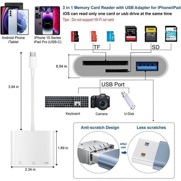 USB-C SD-kortleser, TF minnekortadapter med USB-A-port for 15\" 16\" Mac/datamaskin