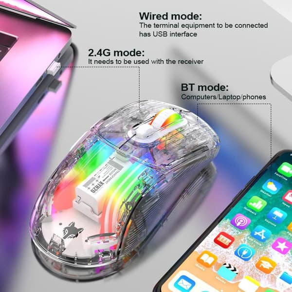 X2 RGB Transparent Trippel Läge Bluetooth Trådlös Tyst Spelmus, Vit