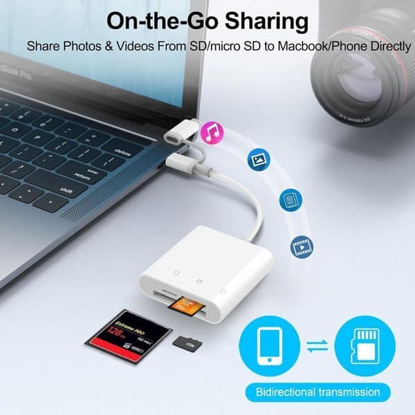 Kompakt Flash SD-kortleser, 3-i-1 USB-C Lightning til SD/SD/CF, SD-kortadapter