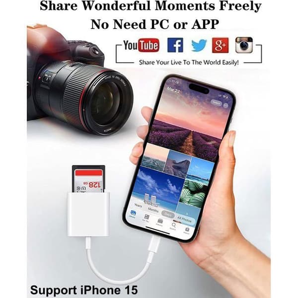 USB-C til SD-kort kamera læser til 15/15 Plus/15 Pro/15 Pro Max, Pro M1 Air, Pro/Air