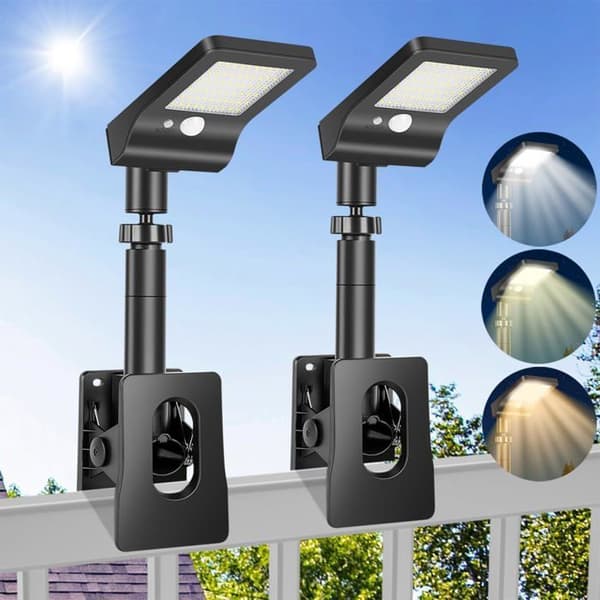 Sæt med 2 clip-on udendørs solcellelamper med bevægelsessensor, vandtæt solcelleprojektør, 60 LED'er, 3 farver belysning