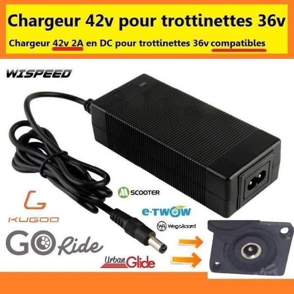 42V Oplader - Wispeed - T855 - Kompatibel med 36V Batterier - 2.5mm DC Stik - Sort
