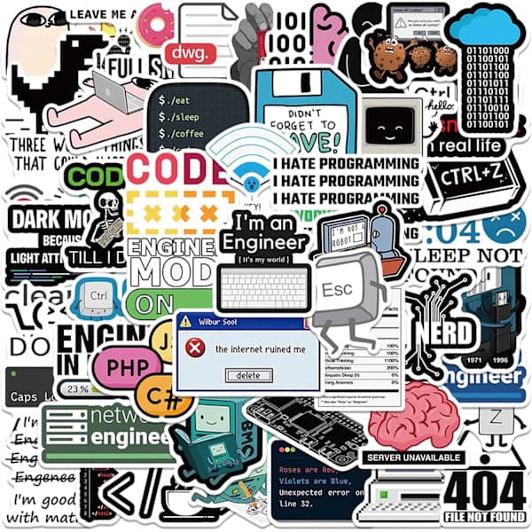 50 stk. Programmeringsklistermærker, Gaver til udviklere, programmører, hackere, ingeniører, softwareklistermærker til bærbar computer, computer, vand