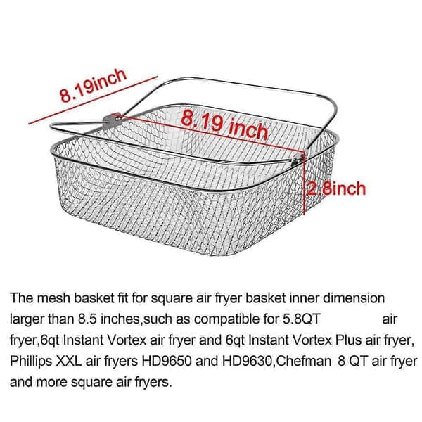 Fritekurv 304 rustfritt stål firkantet netting erstatningskurv med håndtak for Instant Vortex 20,8 cm sølv