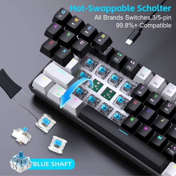 Nytt 68-tangenters svartvitt trådbundet mekaniskt tangentbord med RGB-bakgrundsbelysning, stöder Mac-programmering (Y137)