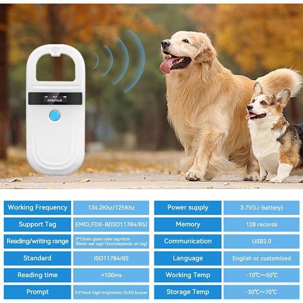 ING Husdjursspecifik Bluetooth RFID-chipläsare - USB-laddning - Trådlös - Stöder FDX-B och EMID - 134,2KHz/125KHz OLED-skärm - Vit