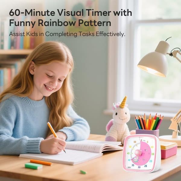 Visuell timer för barn, 60-minuters nedräkning med tyst blixt, lämplig för klassrum (rosa)