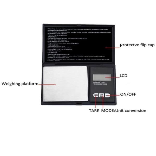 Precisionsfickvåg - 200g - Bakgrundsbelyst LCD - Tarafunktion - Svart