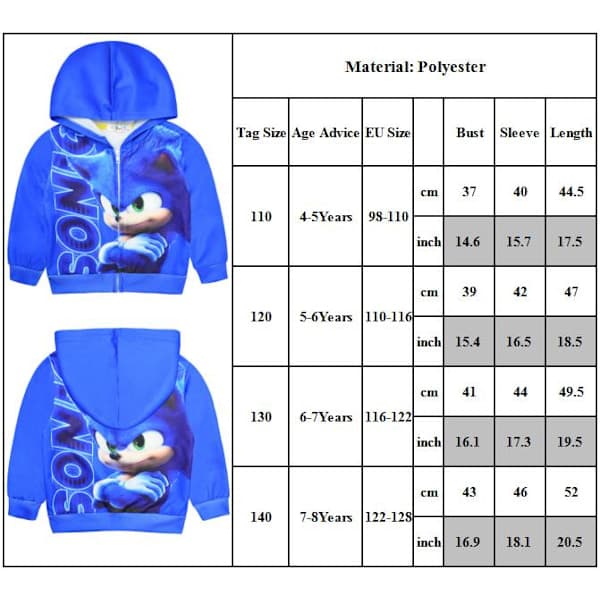 Barn Sonic Print Blå Glidelås Jakke Hettegenser Vinter Utendørs Gutter Jente 140cm