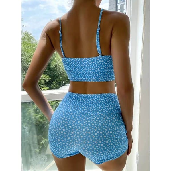 Højtaljet bikini til kvinder med push-up og blomsterprint Blue M