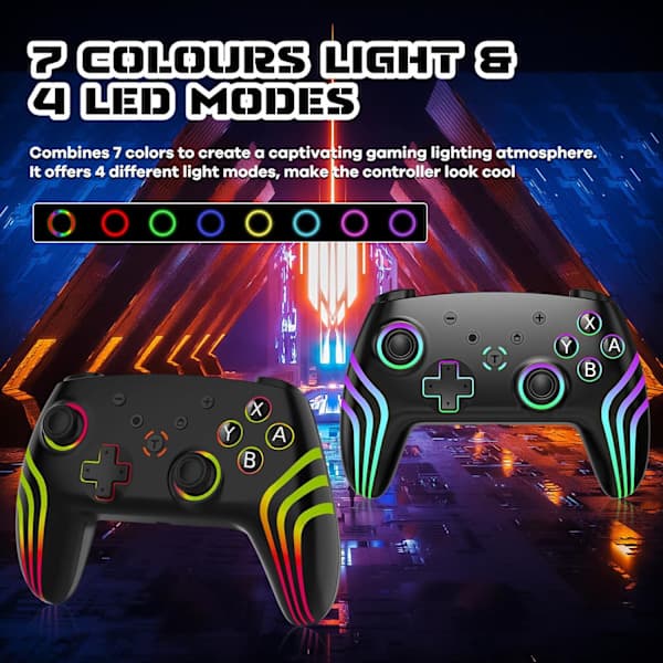 2025 Seneste Model Trådløs Pro Controller til Switch/Switch 2/Lite/OLED/PC, Håndholdt Controller med 7 Farveskiftende RGB-belysning/Dobbelt Vibration
