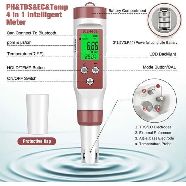 7-i-1 elektronisk pH-mätare – Bluetooth – 0,01 noggrannhet – Automatisk kalibrering – För dricksvatten, akvarium, pool - precision0