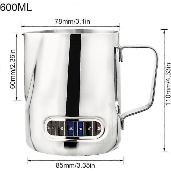 600 ml mælkeskummerkande i rustfrit stål med termometer, til kaffe, cappuccino, espresso, latte
