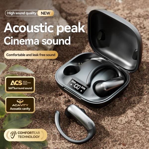 Grå over-ear Bluetooth-hodetelefoner, åpne Bluetooth-hodetelefoner, trådløse, digitalt display, sporty stil, ørepropper