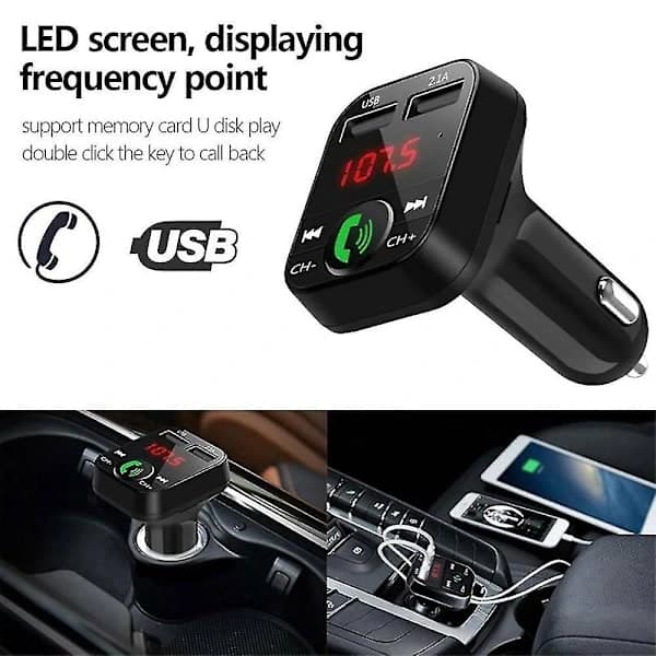 Langaton Bluetooth FM-lähetin autoon kahdella USB-laturilla, lataussovitin, Aux-sovitin ja handsfree