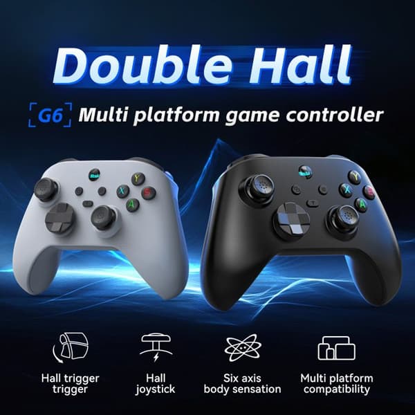 Hvit G6 trådløs gamepad med stativ og mottaker, med dobbel Hall-vibrasjon og bevegelsesdeteksjon