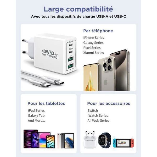 USB-C-lader, 40W USB-C hurtiglader for iPhone og 2M USB-C-kabel, universell plugg for iPhone, Samsung Galaxy, iPad, AirPods