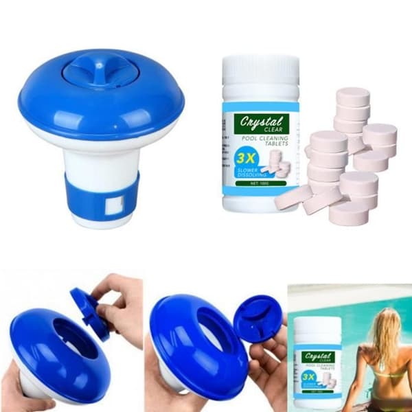 Poolrengöringsflottör med 100 st renande tabletter, kit för pooldispenser för klor