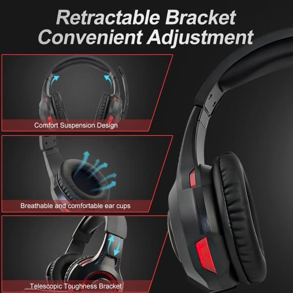 Sort og rødt stereo surround sound headset med 3,5 mm kabelforbindelse + USB og mikrofon, velegnet til bærbare telefoner
