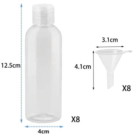 8 reseflaskor, 100 ml plastflaskor med 8 små trattar, transparent PET-KOSMETIKA