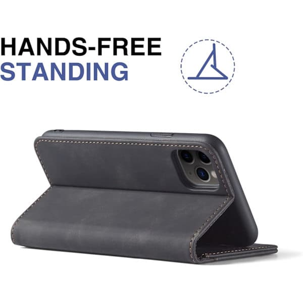 För iPhone 11 -16 Magnetiskt Läder Telefonfodral, Premium Läder Flip Fodral Vikbart Kortfack Stötsäkert Ställfunktion (Svart) iPhone 15 plus