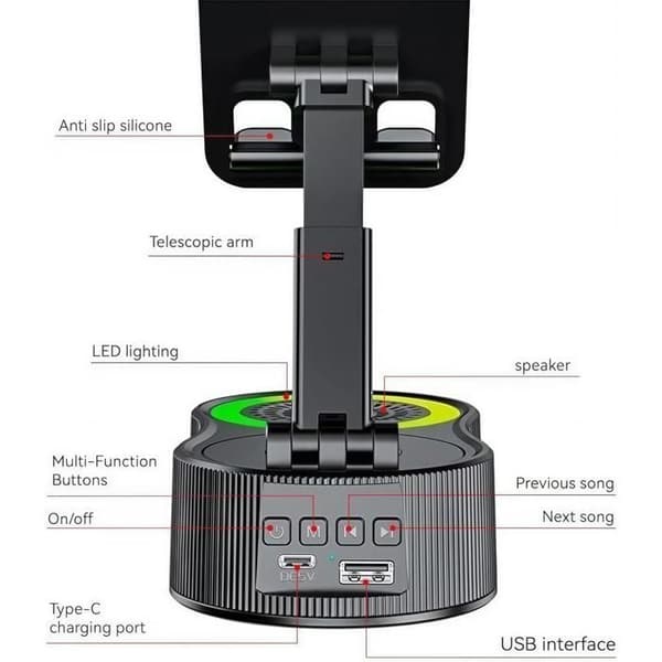 Bluetooth-høyttalerstativ, sammenleggbart telefonladerstativ, mini bærbart stereo omgivelseslys, 360° rotasjon (A)