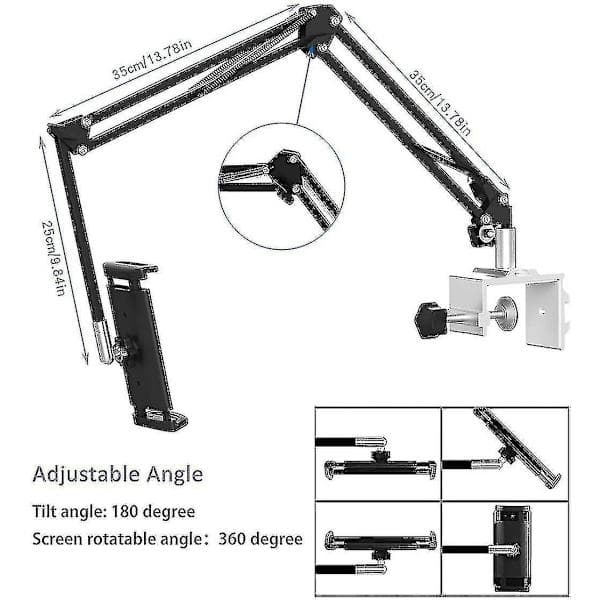 Tabletholder til seng, justerbar og foldbar med 360 graders rotation til iPhone, iPad, mobiltelefon, tablet