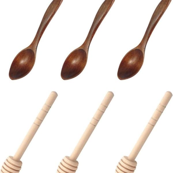 Sett med 6 honningskjeer, honningpinner, kaffepinner og melketepinner.