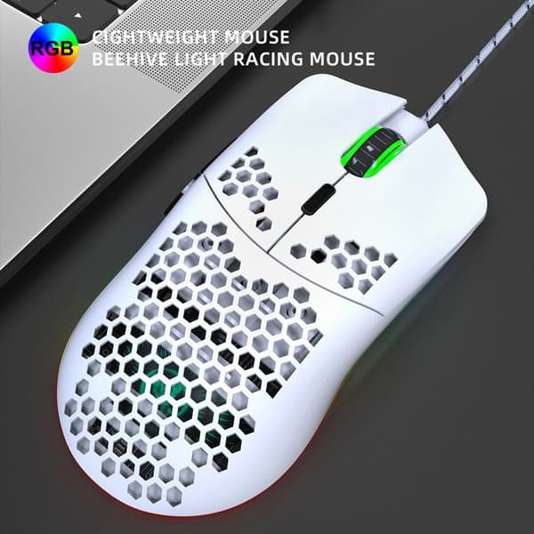 J900-6400 DPI Gaming Mus, Hvid, Perforeret Design, RGB Baggrundsbelysning, Makroprogrammering, 6 Knapper med Indikatorlys