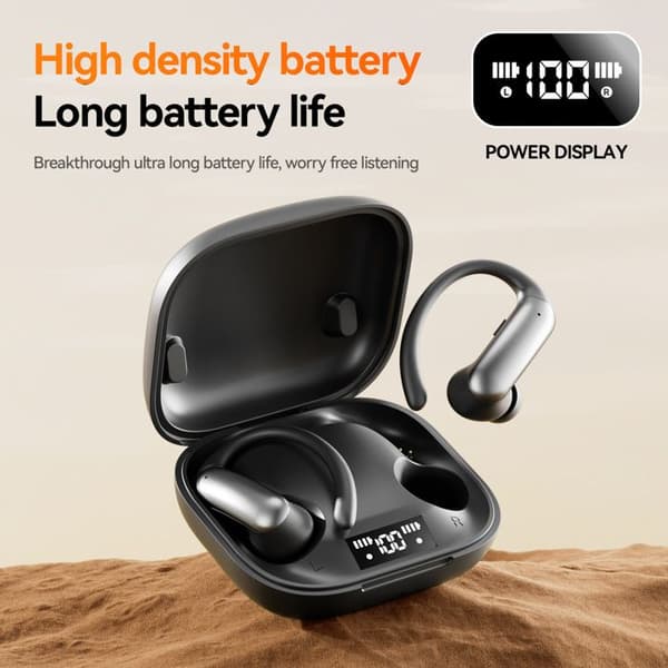 Grå over-ear Bluetooth-hodetelefoner, åpne Bluetooth-hodetelefoner, trådløse, digitalt display, sporty stil, ørepropper