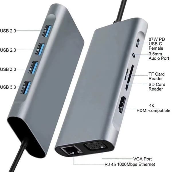 11-i-1 USB-C-hubb - 4K HDMI - RJ45 Ethernet - 100W PD-port
