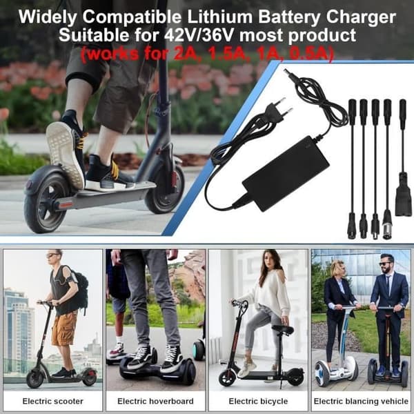 Elektrisk sparkesykkel-lader, 42V/36V 2A Hoverboard-lader, Universell batterilader med 6 kontakter for M365 E-sparkesykkel