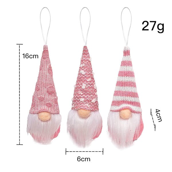 Set med 3 julgranshu00e4ngande tomtar (rosa tomtar)
