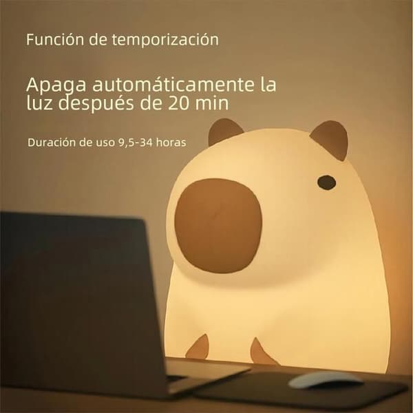Capybara-formet silikone natlampe, USB genopladelig, med timer og lysstyrkejustering, lille størrelse.