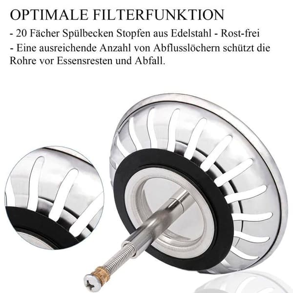 82 mm avløp i rustfritt stål med propp, kurv passer 56 til 75 mm dypt i avløpet