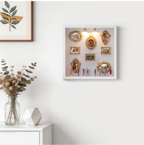 Miniatyrscen tavelram med belysning, 3D DIY dockhus dekorativ prydnad - Vit White