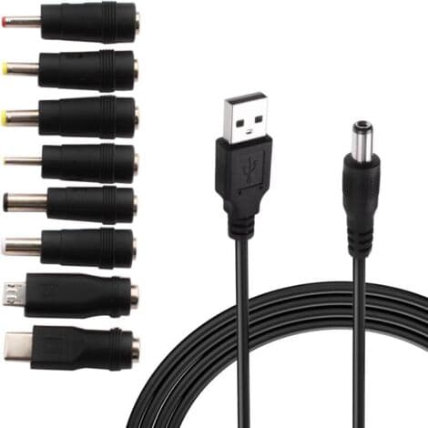 USB til DC 5V-kabel, USB til DC-strømkabel, 8-i-1 DC-strømadapter 5,5 x 2,1 mm DC Barrel Jack til bærbar computer, router osv. (1m, sort)