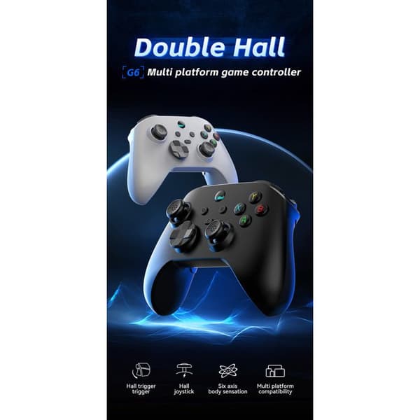 Hvit G6 trådløs gamepad med stativ og mottaker, med dobbel Hall-vibrasjon og bevegelsesdeteksjon