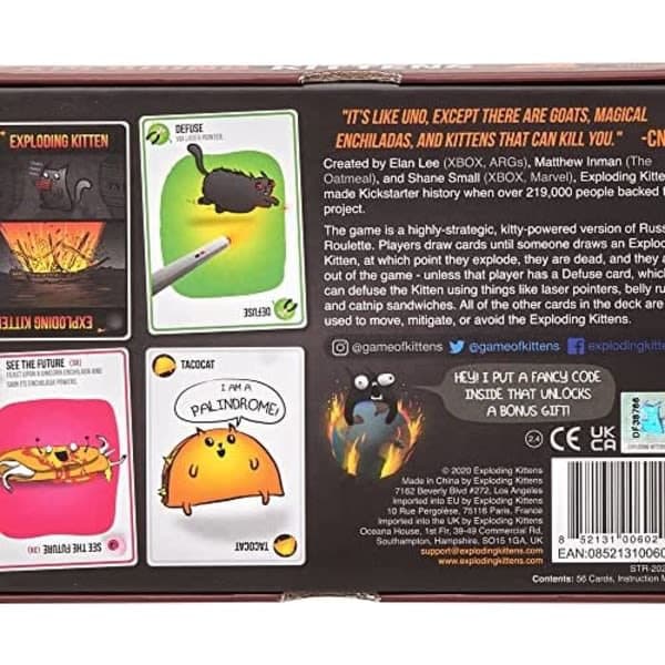 Exploding Kittens -korttipeli, perheystävällinen seurapeli, venäläinen ruletti, englanti, 7+, 2–5 pelaajaa