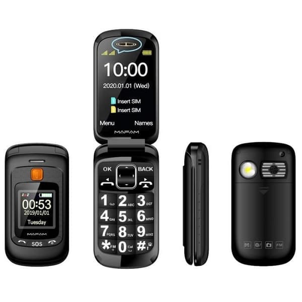 Senior klaptelefon - Dobbelt LCD-skærm - Ekstra høj ringetone - SOS-knap - Sort
