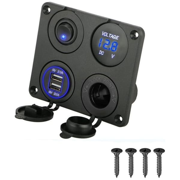 4-i-1 Bilopladerkontaktpanel, Dobbelt USB-opladerfunktion + LED Voltmeter + Tænd/Sluk Vippekontakt + Cigartænderstik til Marinebåde