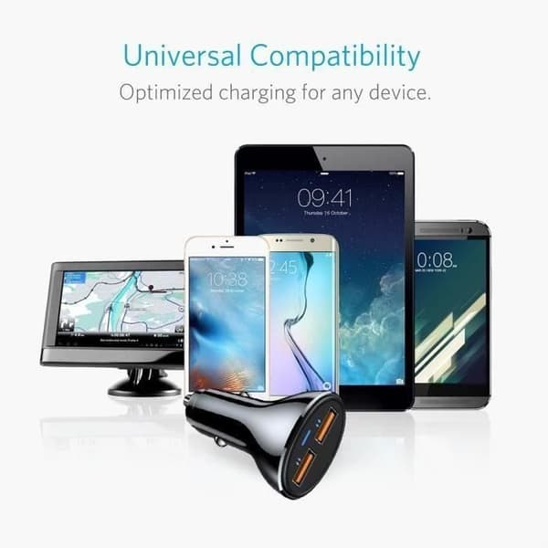 Quick Charge 3.0 2-ports USB bilcigarettænderadapter til iPhone, iPad, Samsung, GPS osv.