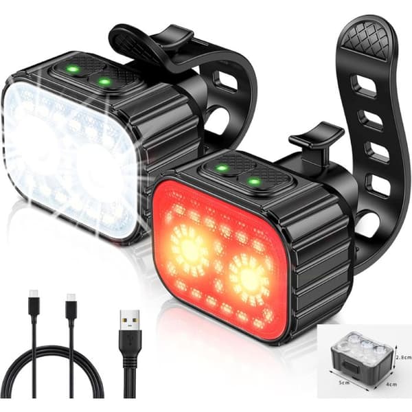 Sykkellykter foran og bak - 8 + 12 lysmoduser - IPX6 vanntett - USB oppladbar - Universell